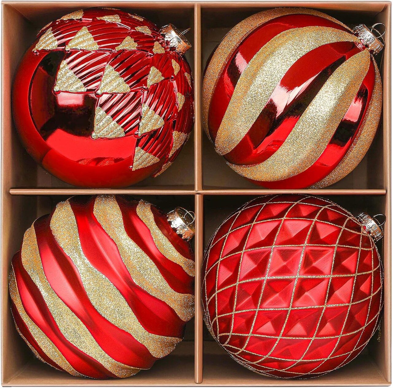 6''/150mm Large Christmas Ball Ornaments, 4Pcs Christmas Tree Decor, Shatterproof Hanging Decorations with Hooks, Red & Gold Baubles for Xmas Tree, Wedding, Holiday and Party Decor